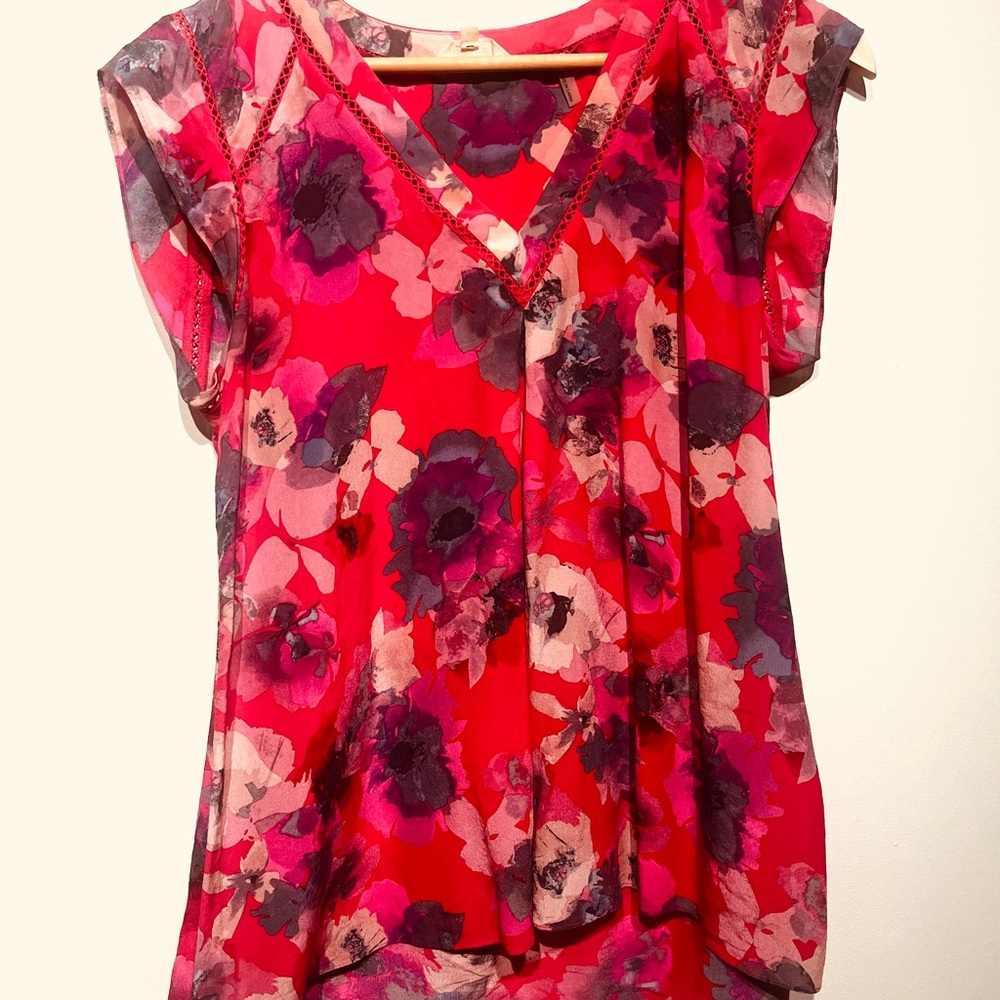 Rebecca Taylor Red and Pink Floral V-Neck Blouse